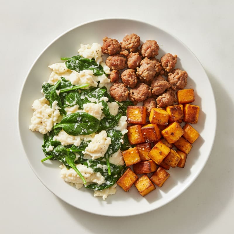 Egg White Spinach Scramble with Turkey Sausage