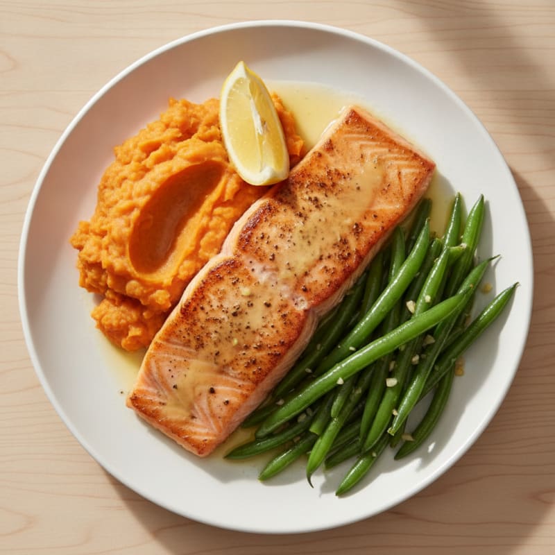 Seared Salmon with Garlic Green Beans and Sweet Potato Mash