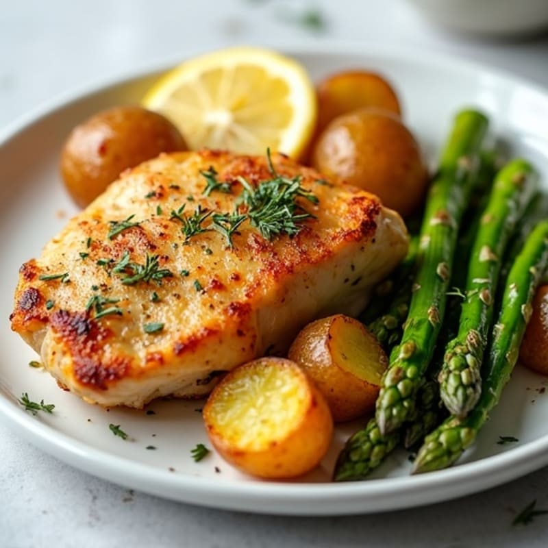 Crispy Roasted Potatoes with Lemon-Herb Chicken and Asparagus