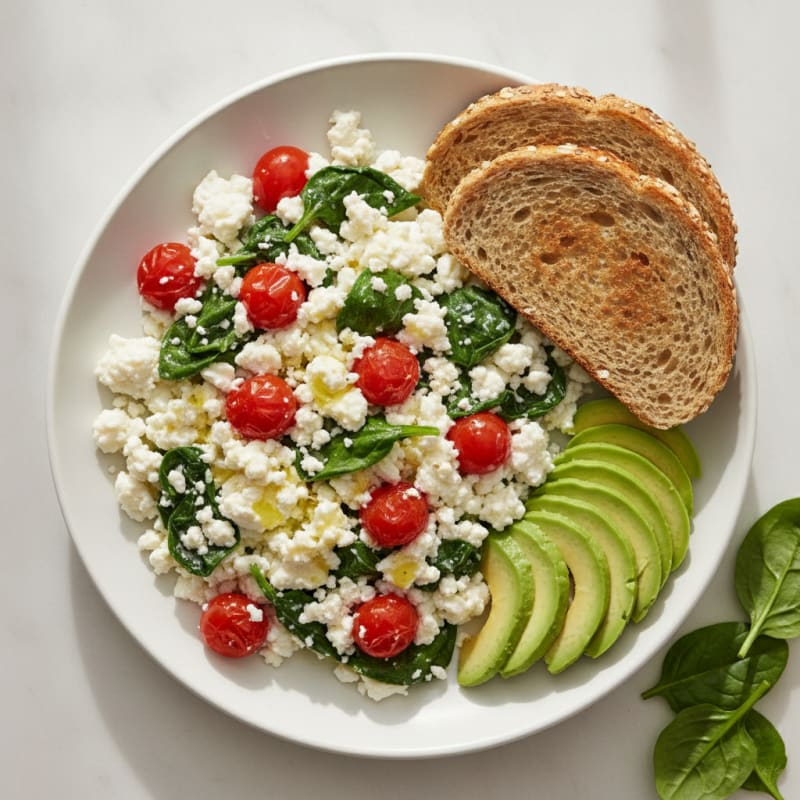 Egg White and Cottage Cheese Scramble with Spinach and Cherry Tomatoes