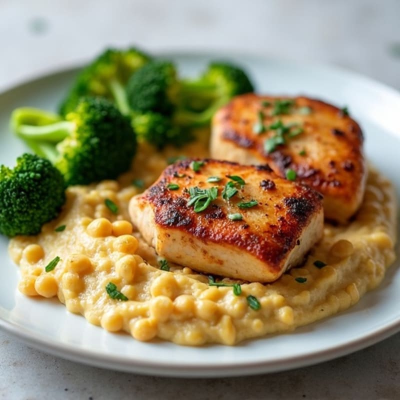 Seared Chicken Thighs with Steamed Broccoli and Chickpea Mash