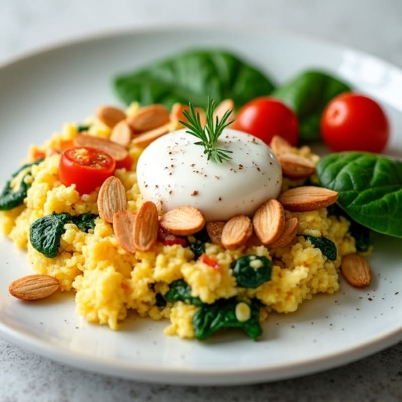 Egg White Spinach Scramble with Cottage Cheese and Cherry Tomatoes