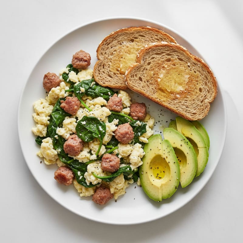 Egg White and Spinach Scramble with Turkey Sausage