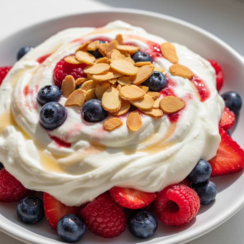Greek Yogurt Parfait with Whey Protein, Mixed Berries, and Almonds