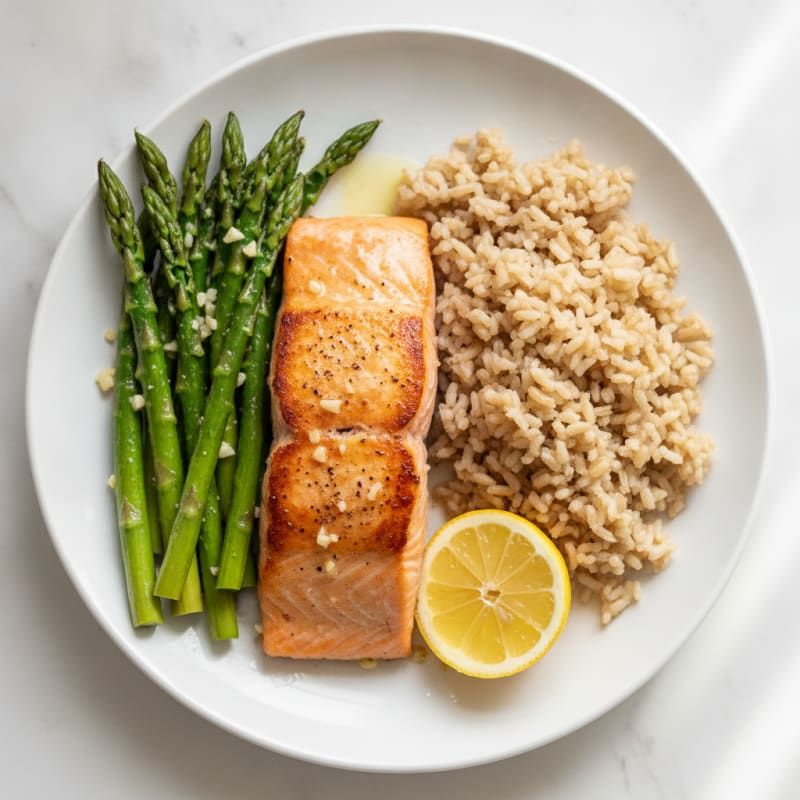 Seared Salmon Fillet with Sautéed Asparagus and Brown Rice