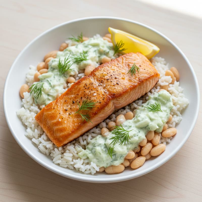 Pan-Seared Salmon Dill Yogurt Rice Bowl