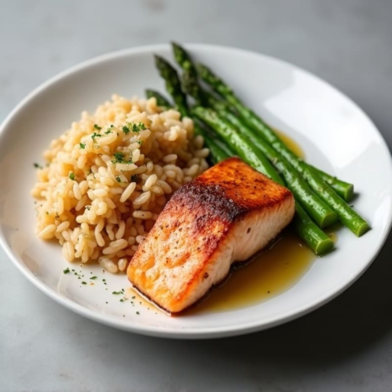 Seared Salmon with Steamed Asparagus and Brown Rice