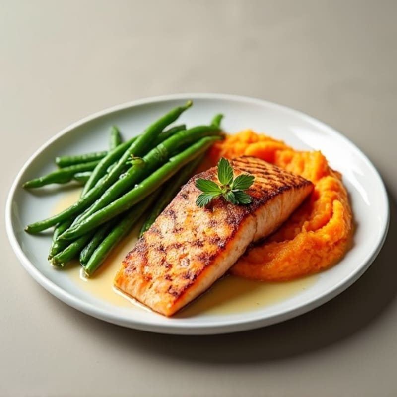 Seared Salmon with Steamed Green Beans and Sweet Potato Mash