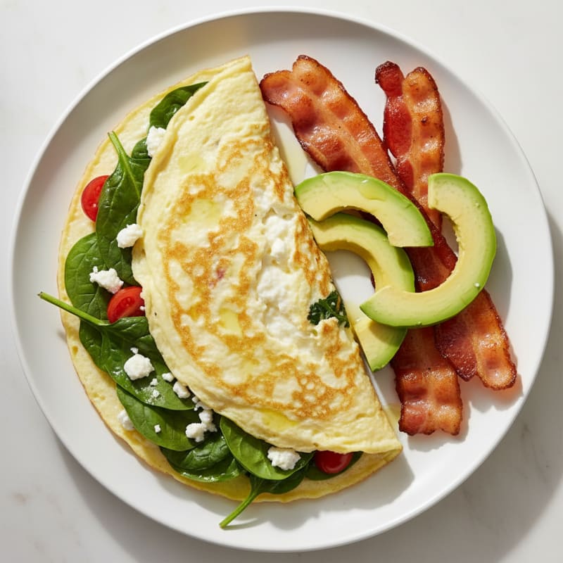 Egg White Spinach Omelette with Grilled Turkey Bacon