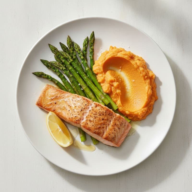 Seared Salmon Fillet with Roasted Asparagus and Sweet Potato Mash