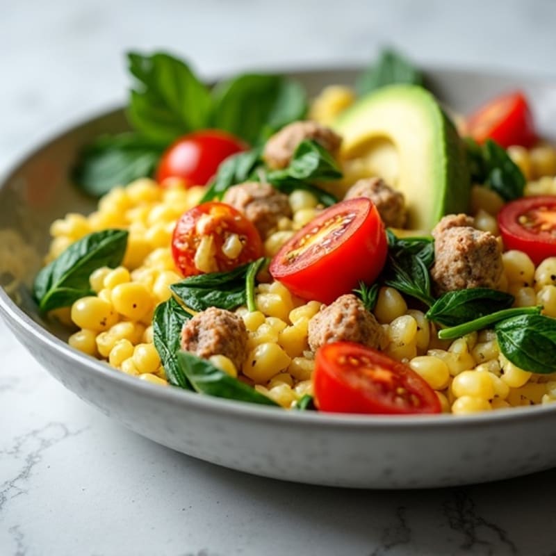 Egg White and Turkey Sausage Scramble with Spinach and Cherry Tomatoes