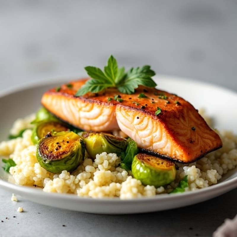 Baked Salmon with Garlic Roasted Brussels Sprouts and Cauliflower Rice