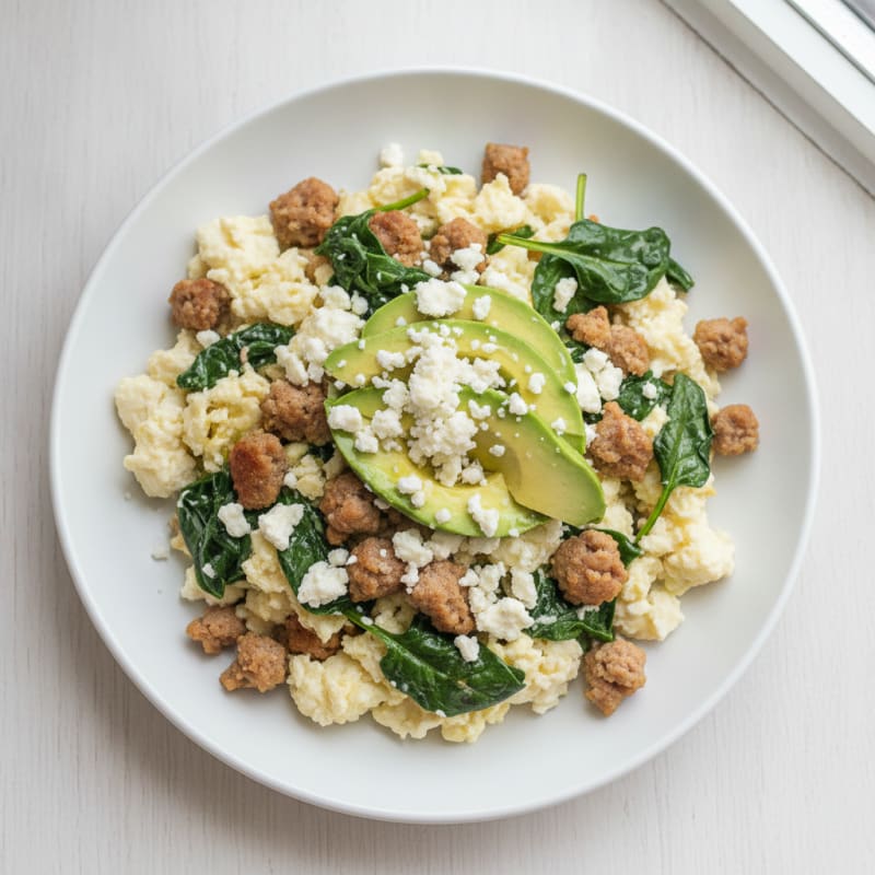 Egg White Scramble with Turkey Sausage and Sautéed Spinach
