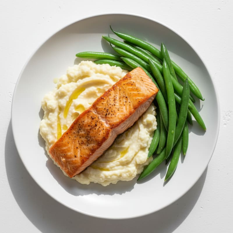Seared Salmon with Steamed Green Beans and Garlic Mashed Cauliflower