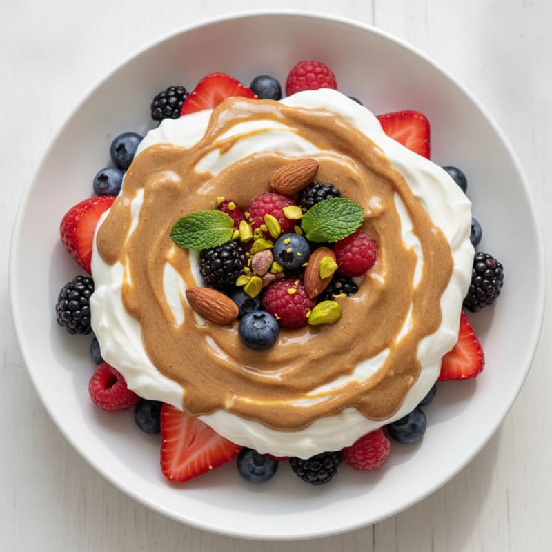 Greek Yogurt Protein Parfait with Mixed Berries and Almond Butter