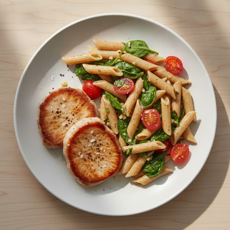 Pan-Seared Pork with Tomato Wheat Pasta Salad