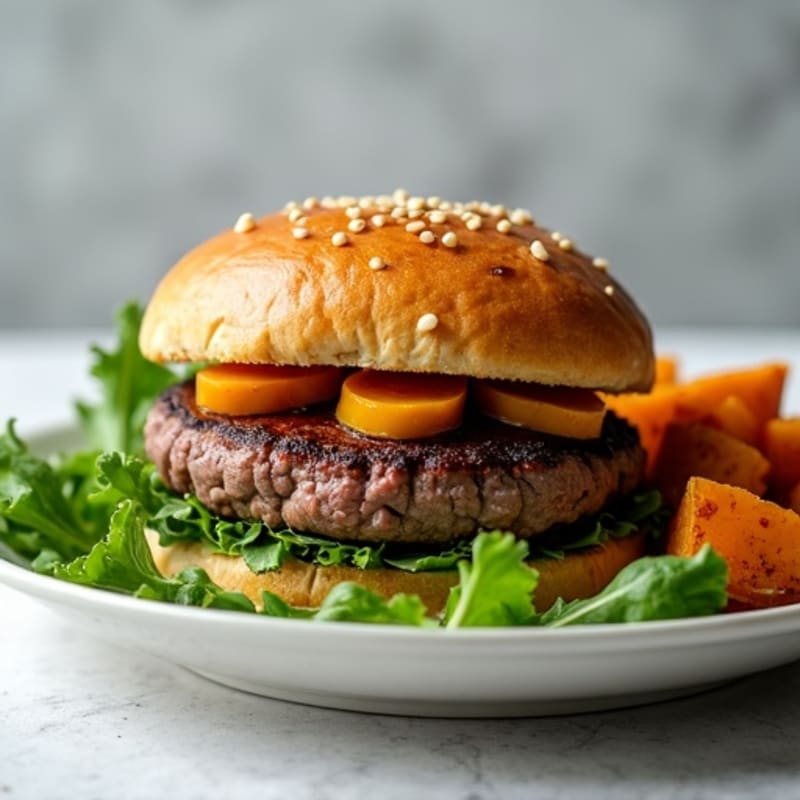 Lean Beef Burger with Crisp Greens and Roasted Sweet Potatoes