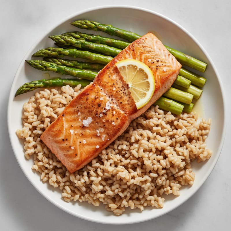 Seared Salmon with Steamed Asparagus and Brown Rice