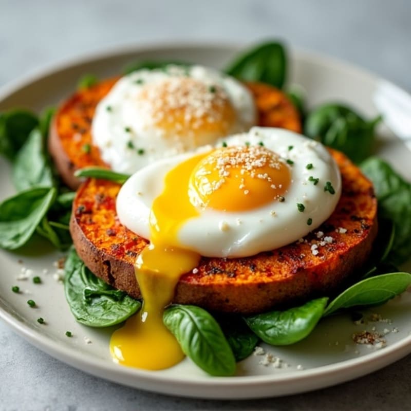 Poached Eggs with Crispy Sweet Potato Hash, Fresh Spinach, and Lemony Greek Yogurt Drizzle