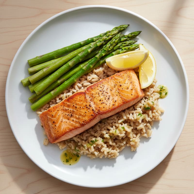 Seared Salmon Fillet with Steamed Asparagus and Brown Rice