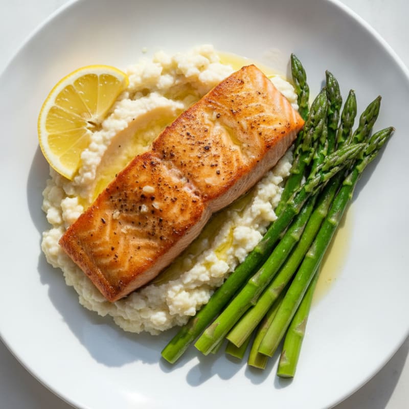 Seared Salmon with Steamed Asparagus and Cauliflower Mash