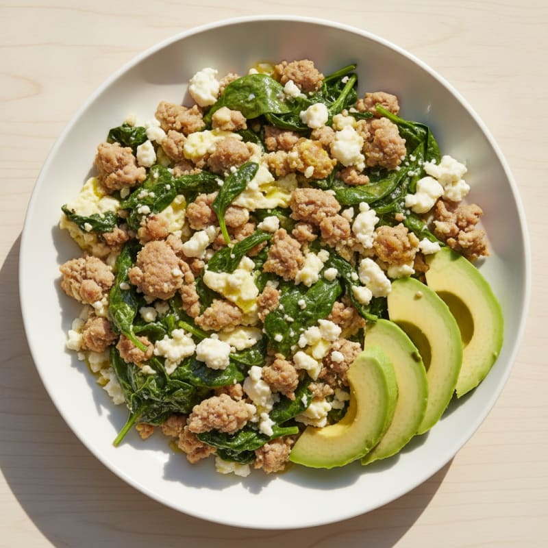 Egg White and Turkey Sausage Scramble with Spinach and Feta