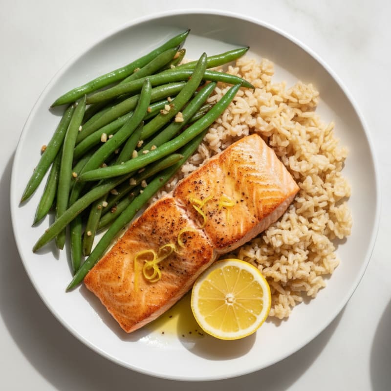 Seared Salmon with Garlic Green Beans and Brown Rice