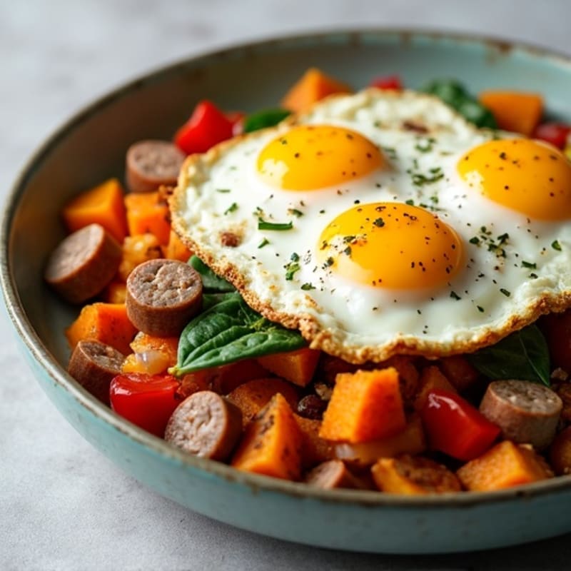 Sweet Potato and Turkey Sausage Hash with Crispy Eggs