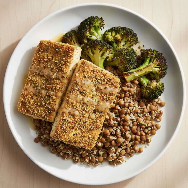 Herb-Baked Tofu with Roasted Broccoli and Lentil Pilaf