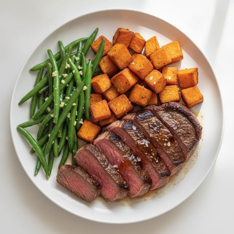 Seared Sirloin Steak with Roasted Sweet Potatoes and Sautéed Green Beans