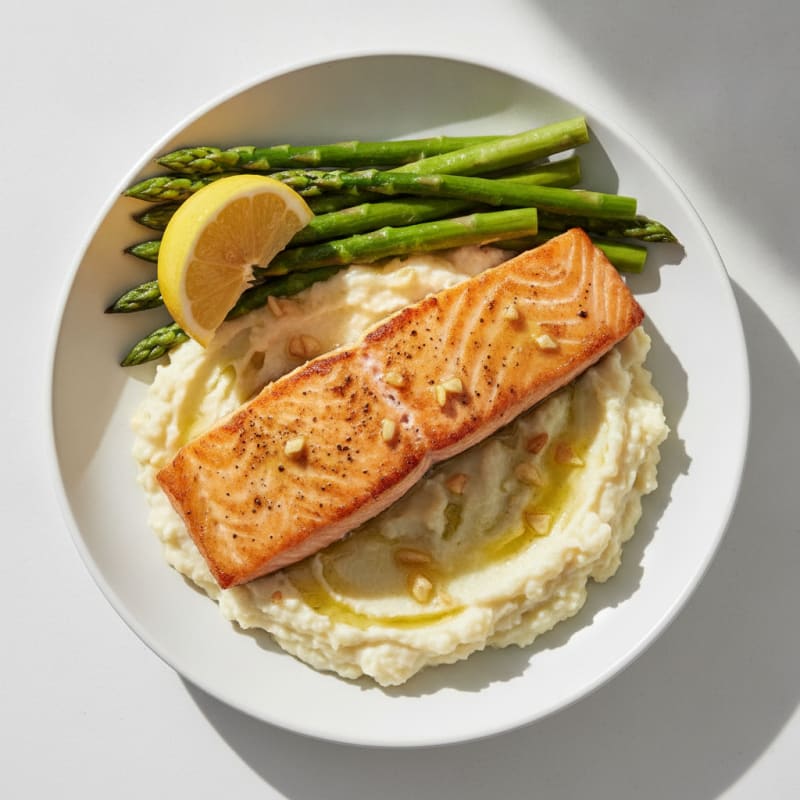 Seared Salmon with Steamed Asparagus and Garlic Cauliflower Mash