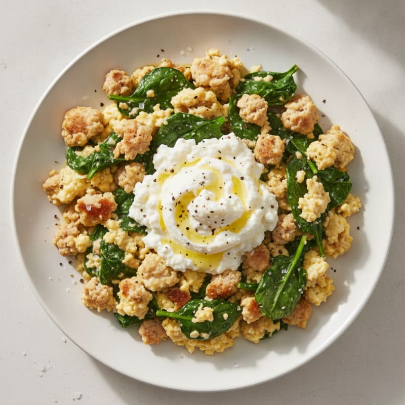Egg White and Turkey Spinach Scramble with Cottage Cheese