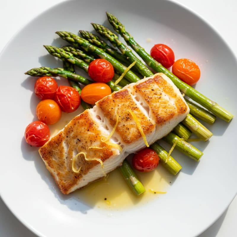 Seared Cod with Roasted Asparagus and Cherry Tomatoes