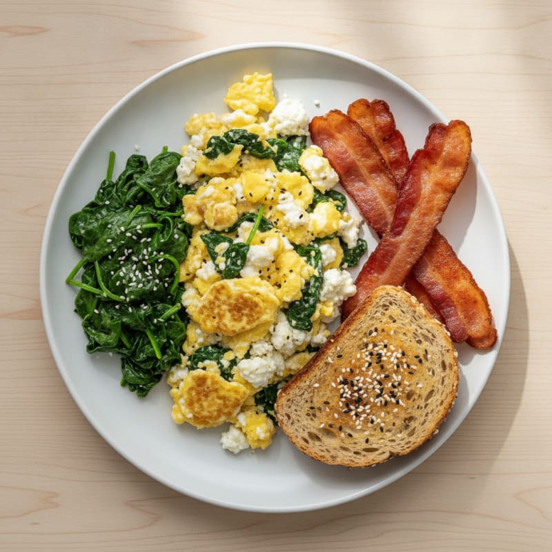 Cottage Cheese Scramble with Sautéed Spinach and Turkey Bacon