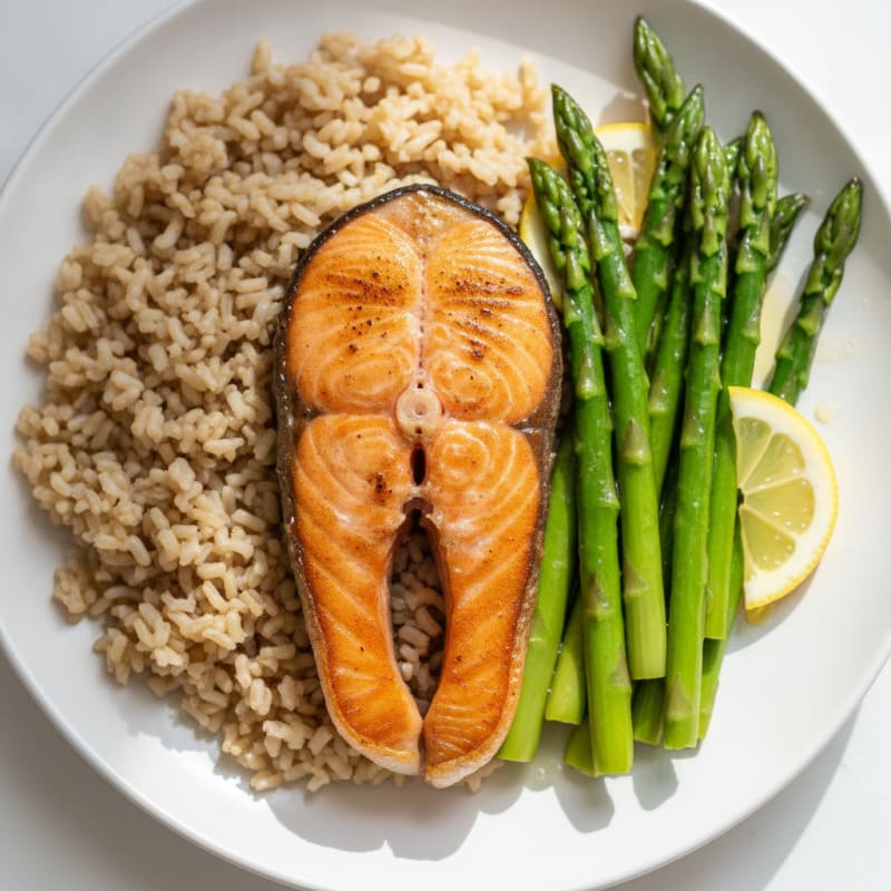 Seared Salmon Fillet with Steamed Asparagus and Brown Rice
