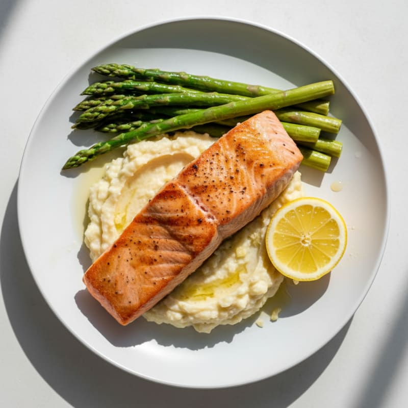 Seared Salmon with Steamed Asparagus and Cauliflower Mash