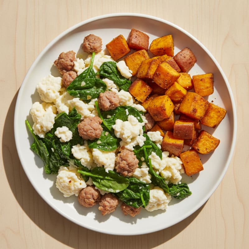 Egg White Scramble with Turkey Sausage and Sautéed Spinach