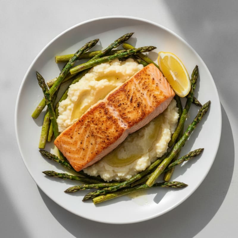 Seared Salmon Fillet with Roasted Asparagus and Cauliflower Mash