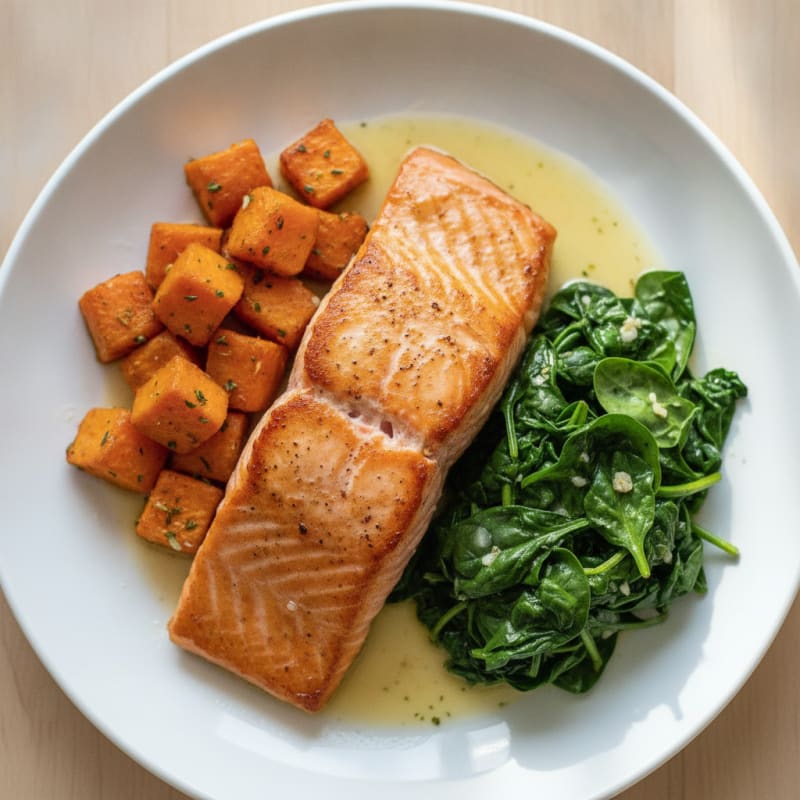 Seared Salmon Fillet with Roasted Sweet Potatoes and Sauteed Spinach