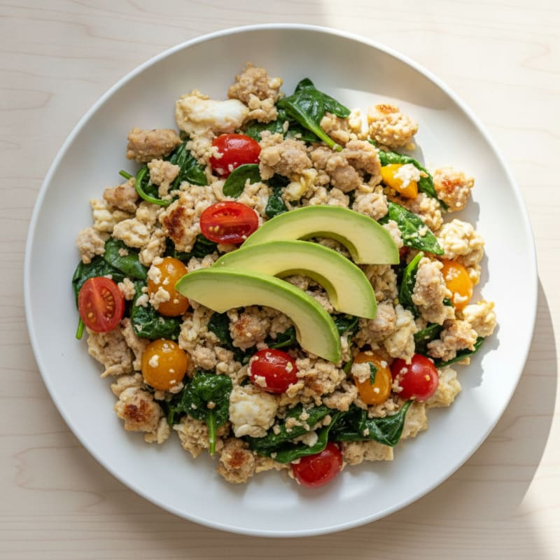 Egg White and Turkey Sausage Scramble with Spinach and Tomatoes