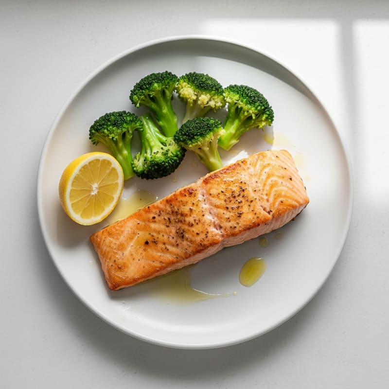 Seared Salmon Fillet with Steamed Broccoli and Lemon