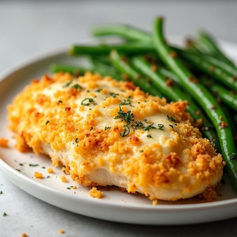 Golden Cheesy Crusted Chicken with Roasted Green Beans