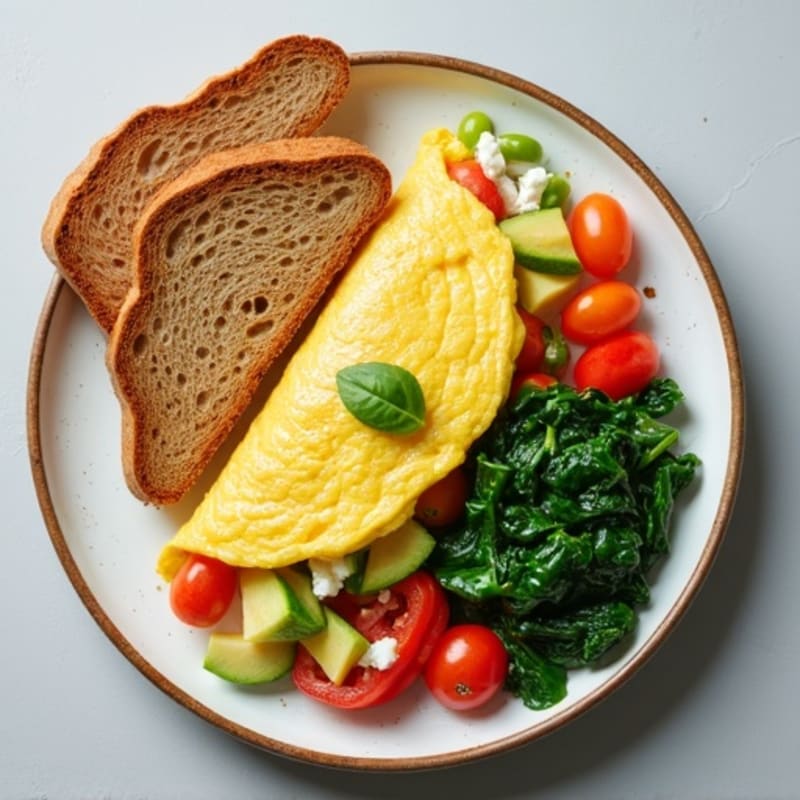 Egg White Veggie Omelette with Cottage Cheese and Sautéed Spinach