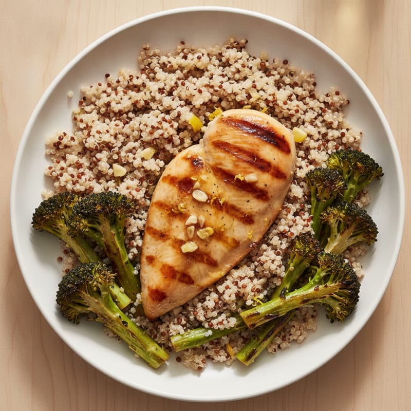 Grilled Lemon-Garlic Chicken Breast with Quinoa and Roasted Broccoli