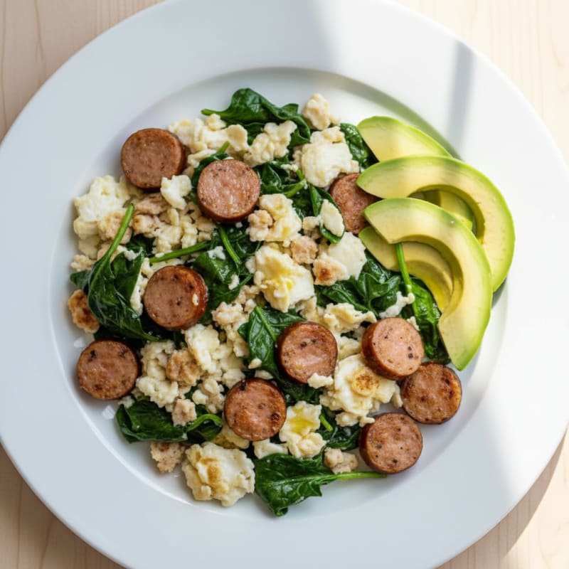 Egg White Scramble with Turkey Sausage and Sautéed Spinach