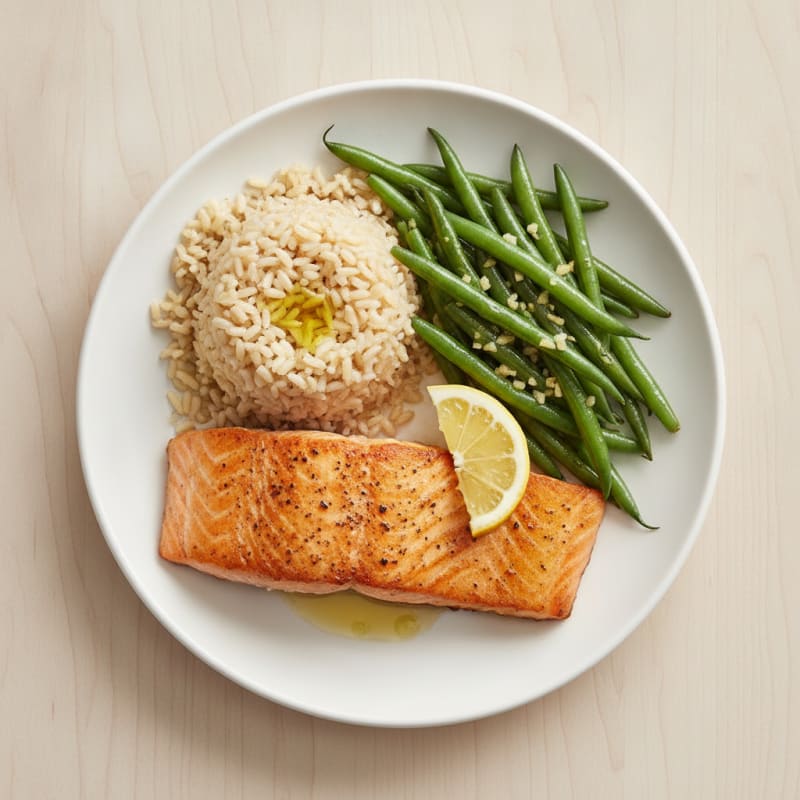 Seared Salmon with Garlic Green Beans and Brown Rice