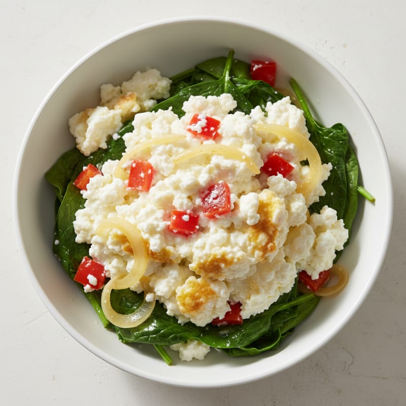 Egg White Veggie Scramble with Cottage Cheese and Sautéed Spinach