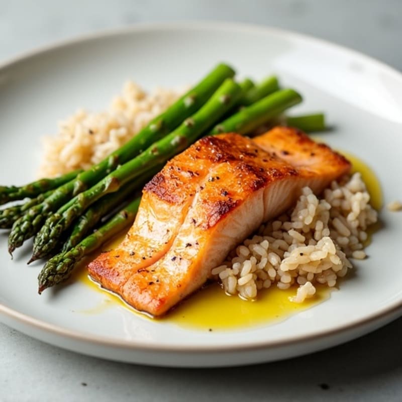 Seared Salmon with Steamed Asparagus and Brown Rice