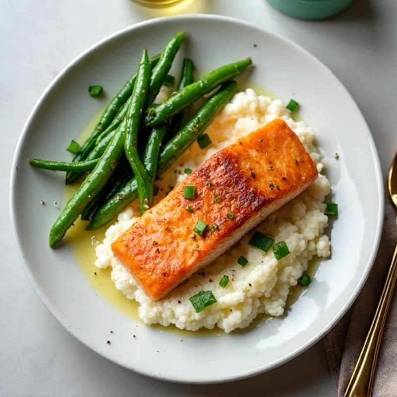 Seared Salmon with Garlic Green Beans and Cauliflower Mash