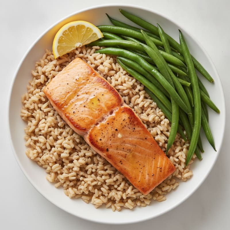 Seared Salmon with Steamed Green Beans and Brown Rice